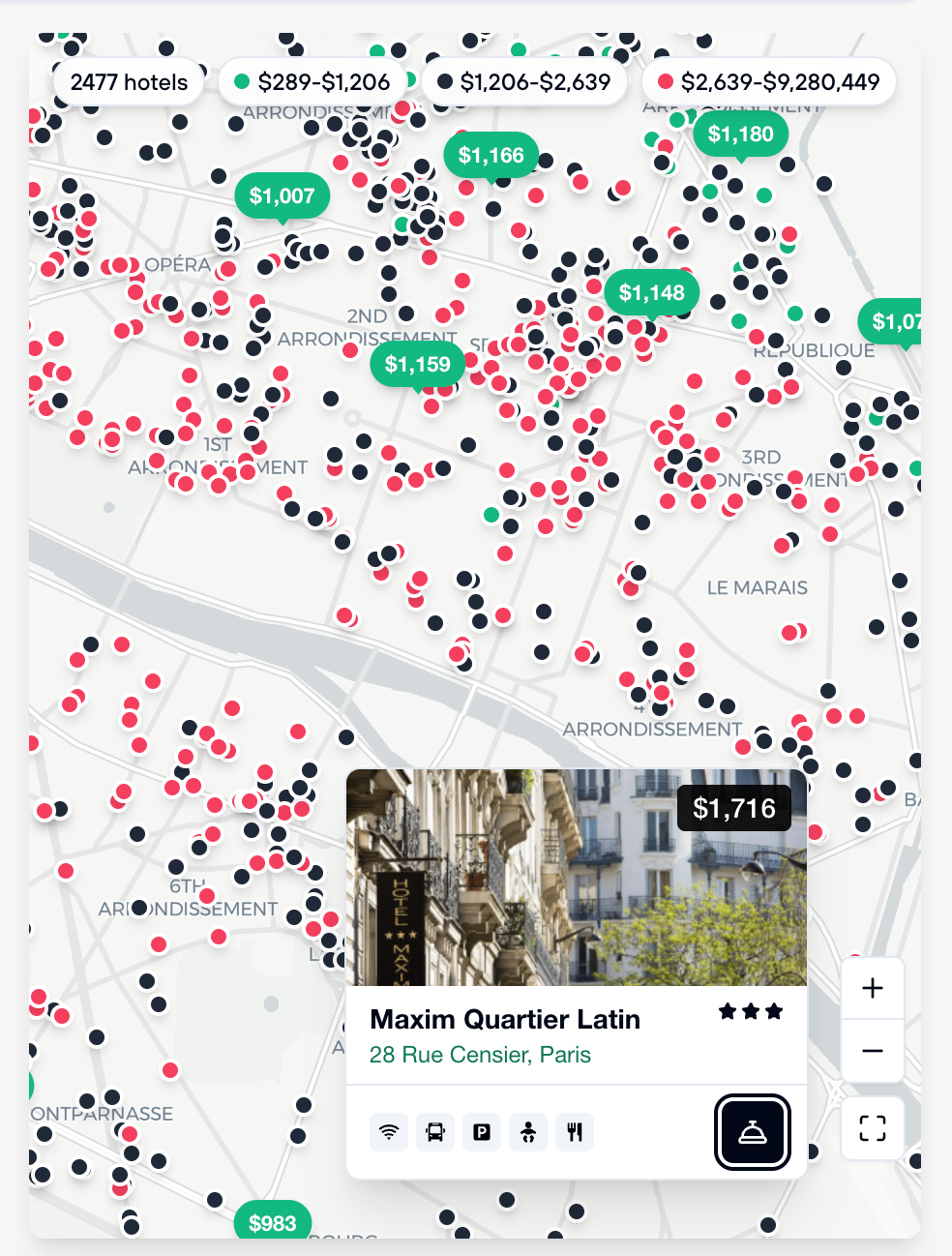 Interactive hotel map showing properties color-coded by price range with hotel details on hover