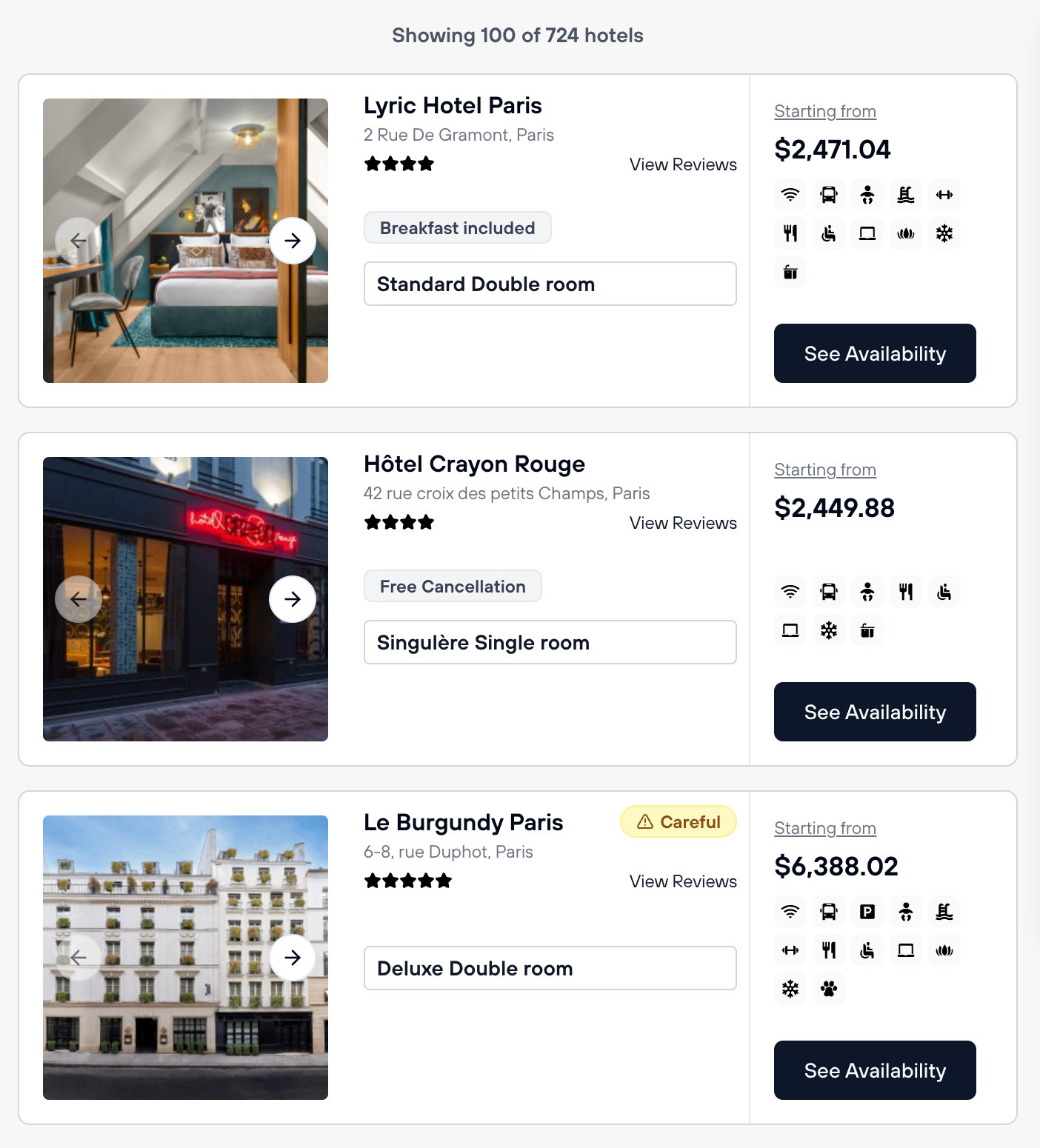 Hotel search result cards showing property name, images, reviews, amenities, and starting price