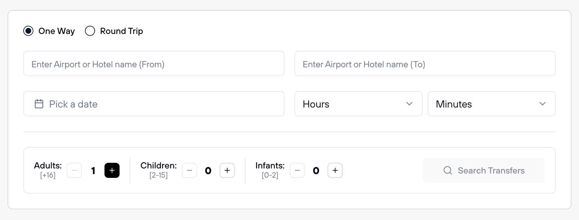 Transfer search interface showing From, To, trip type, dates, and passenger fields