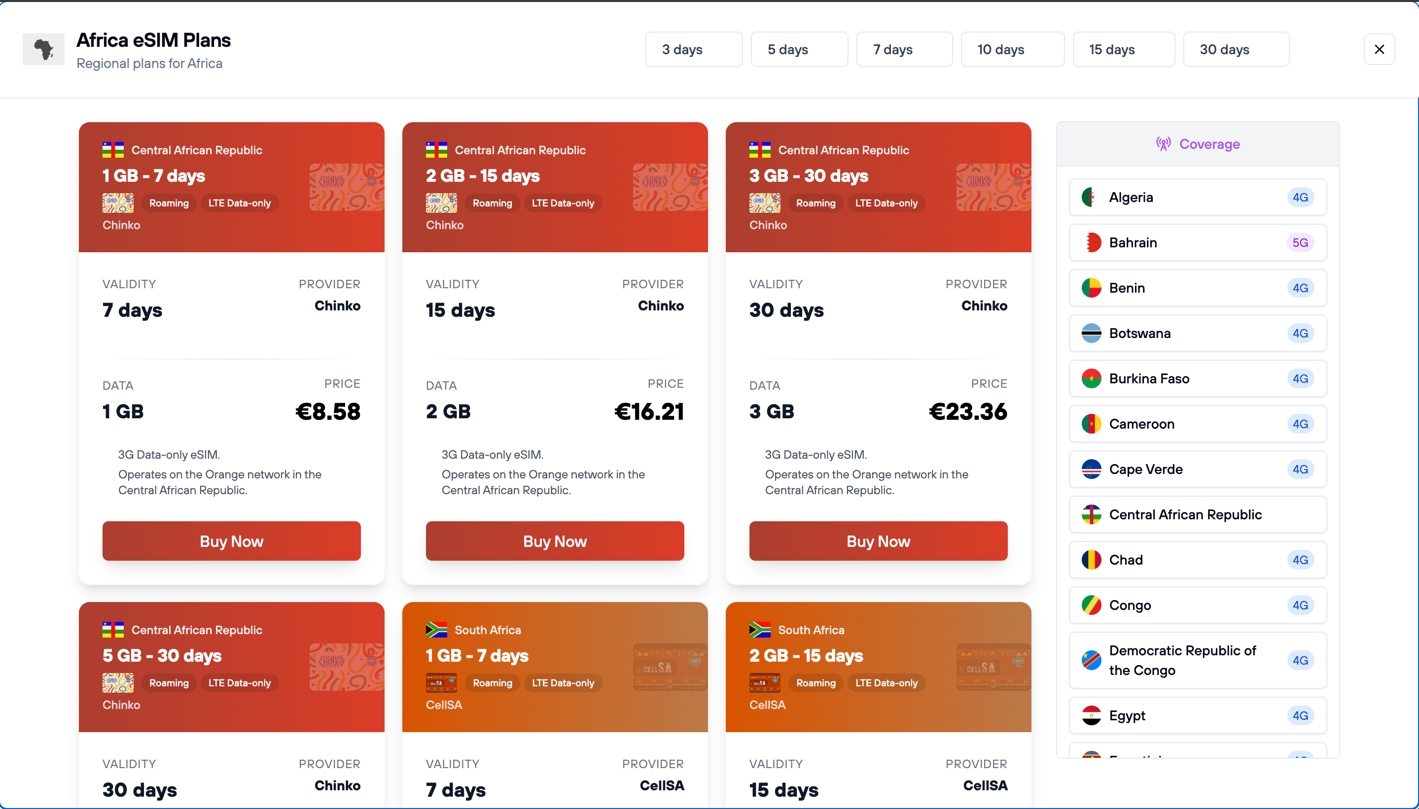 Regional eSIM packages