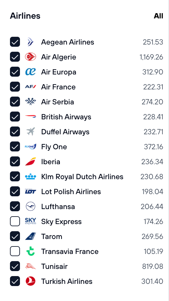 Airlines filter showing list of airlines with checkboxes and flight count