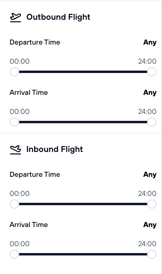 Time range sliders for outbound and inbound flight departure and arrival times