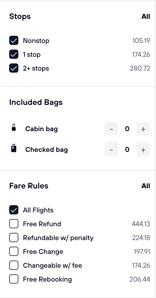 Filter panel showing stops, baggage allowance, and fare rules options