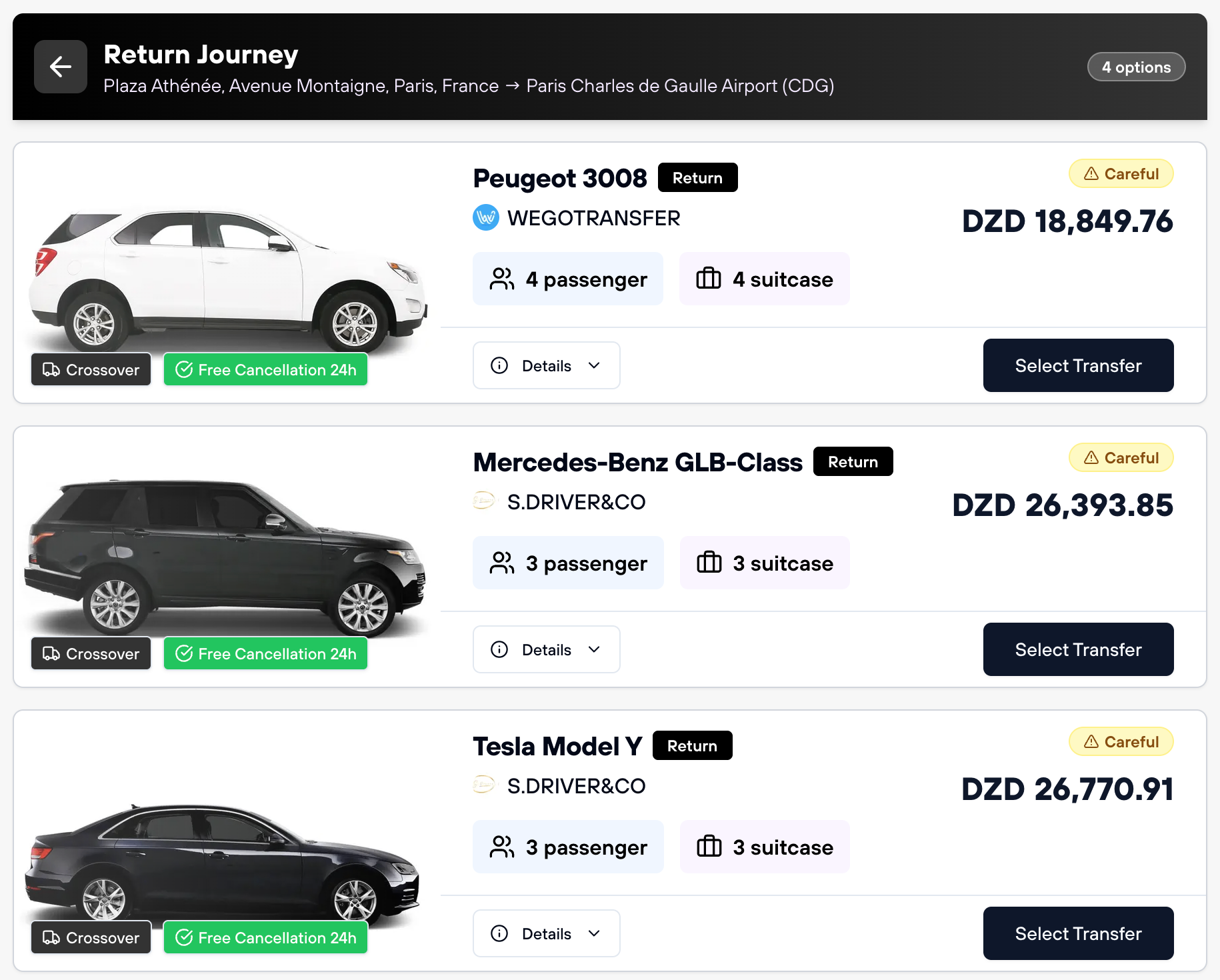 Outbound vehicle selection showing available options with specifications