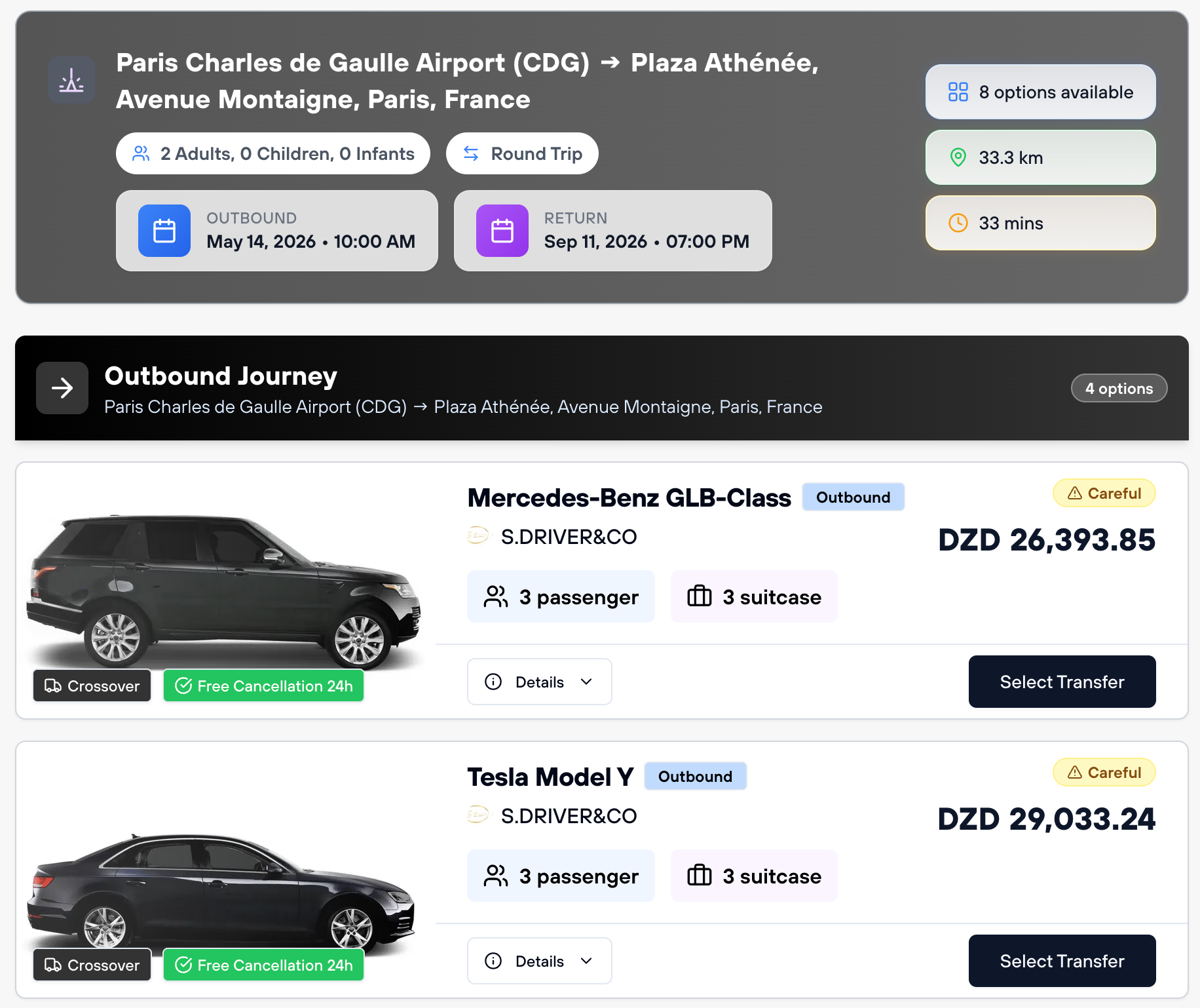 Return vehicle selection showing available options