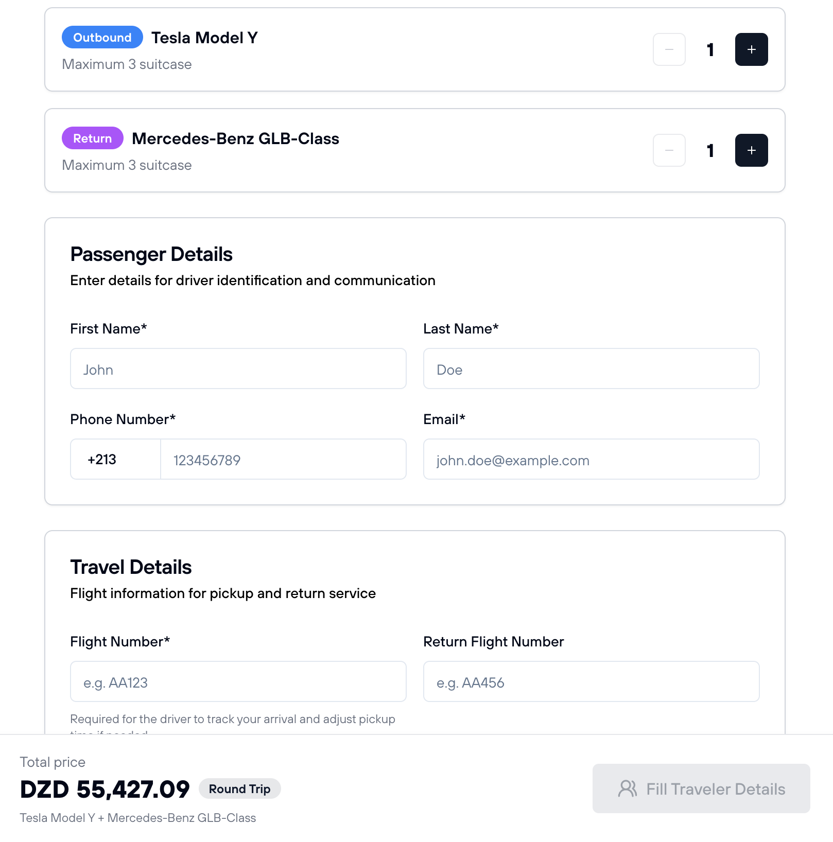 Transfer booking form with passenger details and flight information