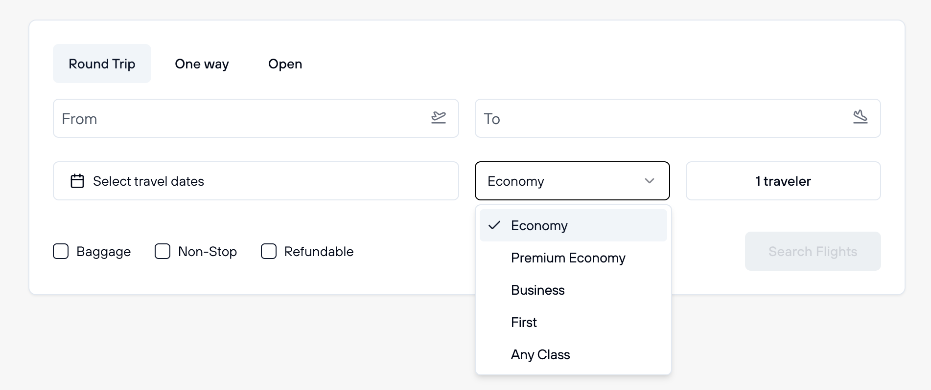 Cabin class selection dropdown showing Economy, Premium Economy, Business, First Class, and Any Cabin options