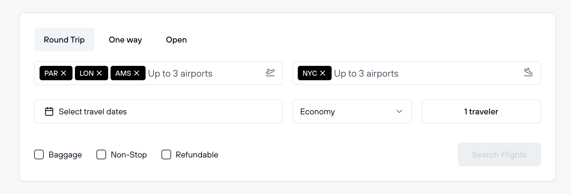 Multi-airport selection showing up to 3 airports in From and To fields