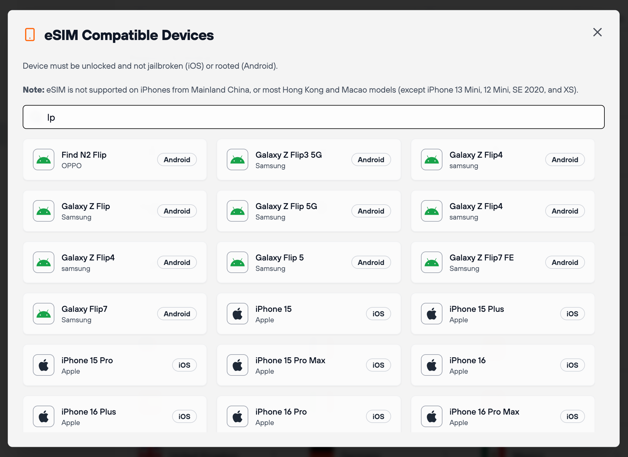 eSIM device compatibility checker showing supported iPhones and Android devices