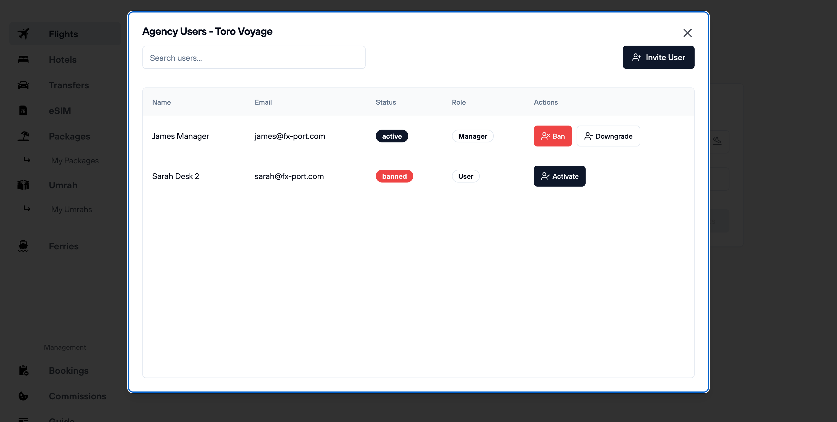 User management panel on FX-Port showing list of team members and invite button