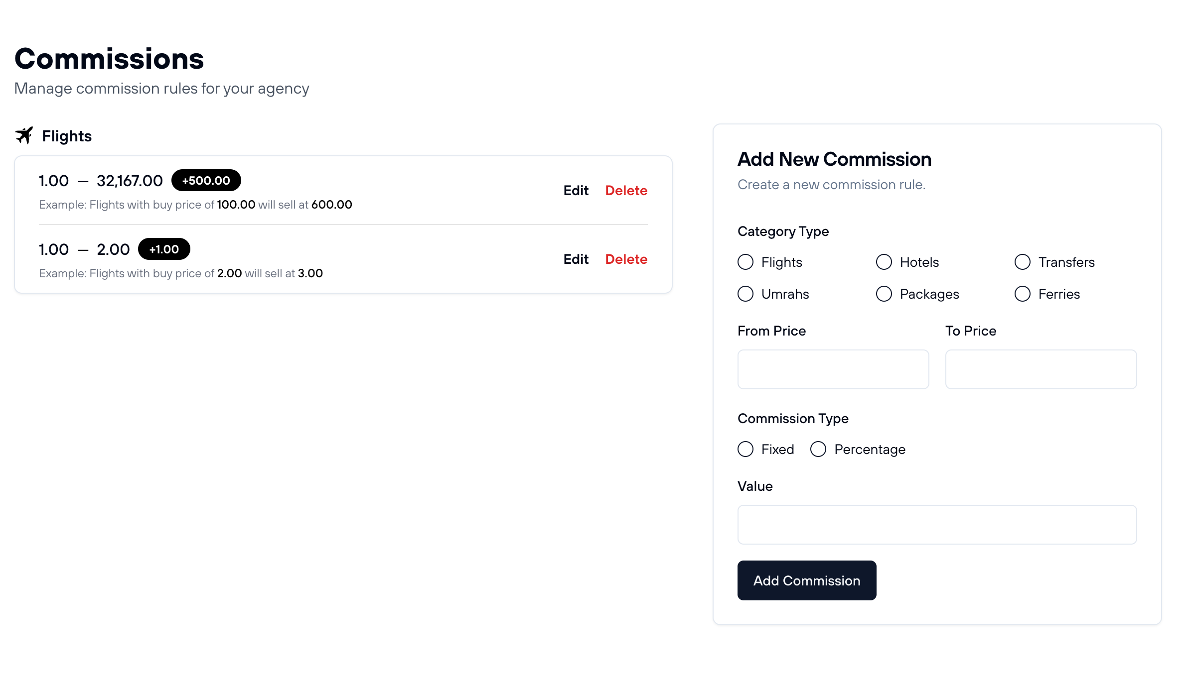 Commission settings panel on FX-Port showing category types, price ranges, and commission configuration options